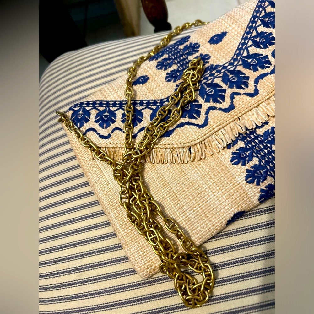 Stella and Dot clutch - rafia with blue embroidered detail - NEW